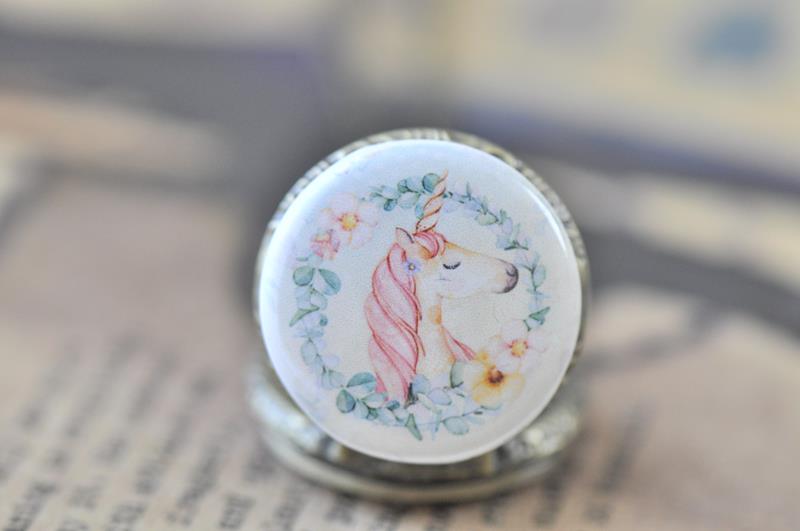 Handmade Artwork Stainless Steel Pocket Watch Necklace - Boho Unicorn