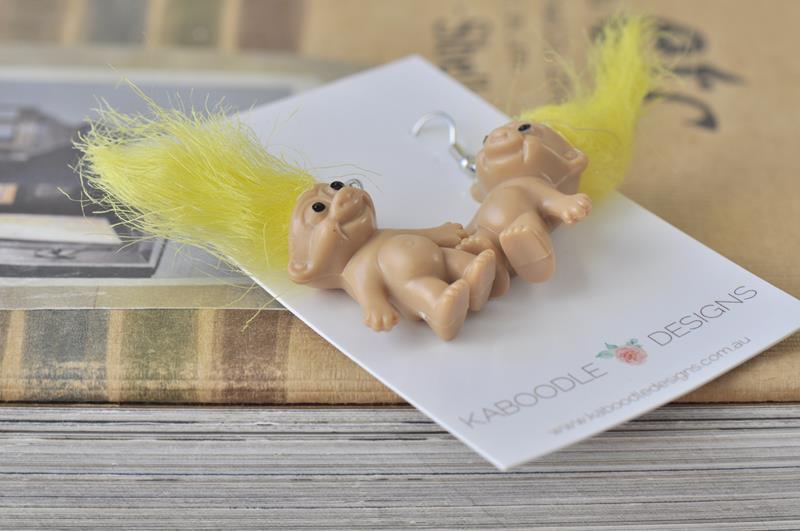 Novelty Fun Retro Trolls Dangle Drop Earrings - Yellow