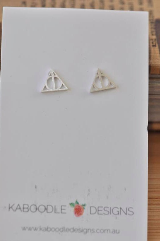Silver - Stainless Steel Harry Potter Deathly Hallows Cutout Mini Dainty Minimalist Stud Earrings