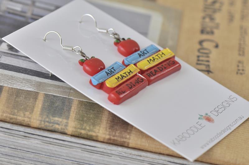 Novelty Fun Teachers School Textbooks Apple Resin Drop Dangle Earrings