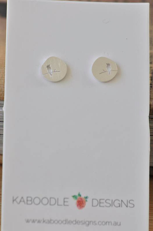 Silver - Stainless Steel Bird on a Branch Cutout Mini Dainty Minimalist Stud Earrings