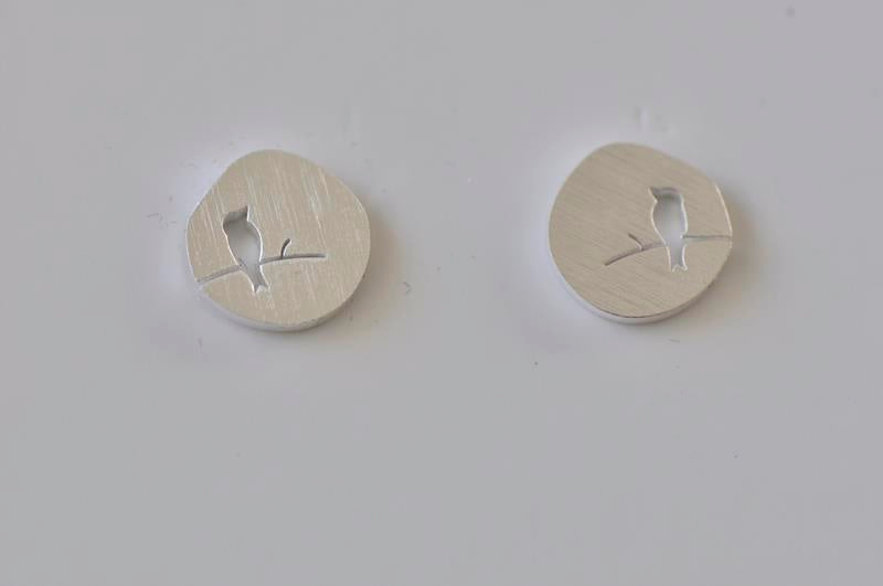 Silver - Stainless Steel Bird on a Branch Cutout Mini Dainty Minimalist Stud Earrings