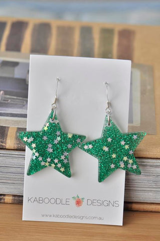 Miniature Glitter Star Dangle Drop Earrings - Green