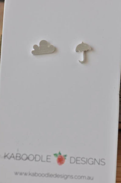 Silver - Stainless Steel Umbrella Cloud Mini Dainty Minimalist Stud Earrings