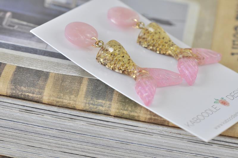 Resin Glitter Mermaid Fish Tail Dangle Stud Earrings - Gold Pink