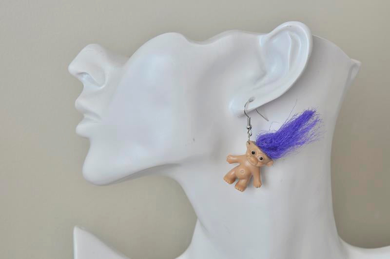 Novelty Fun Retro Trolls Dangle Drop Earrings - Purple