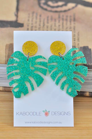 Acrylic Perspex Laser Cut Monstera Glitter Leaf Drop Earrings