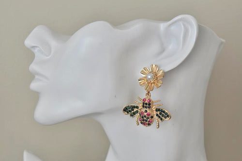 Rhinestone Bee and Flower Stud Drop Earrings