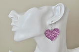 Acrylic Perspex Rainbow Glitter Heart Drop Earrings - Glitter Purple