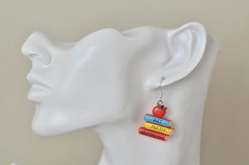 Novelty Fun Teachers School Textbooks Apple Resin Drop Dangle Earrings