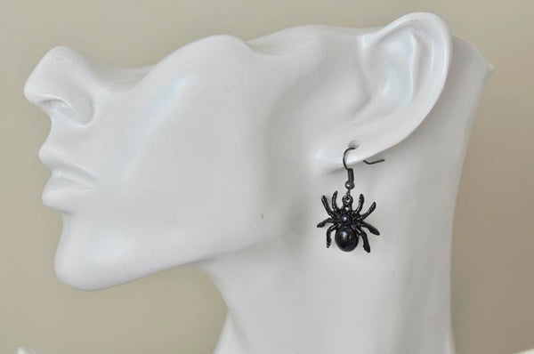 Novelty Fun Steampunk Black Spider Drop Dangle Earrings
