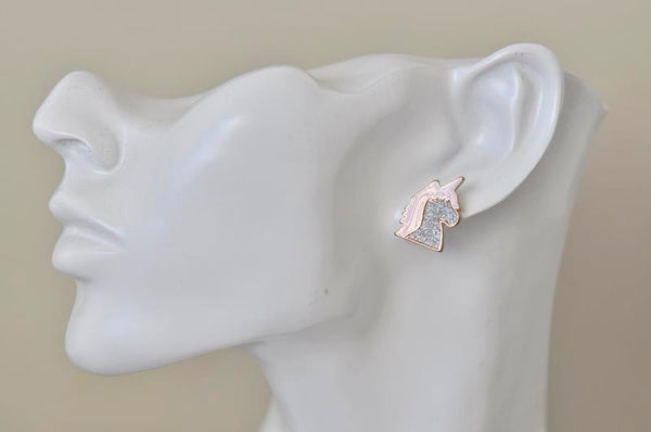 Pink Unicorn Enamel Glitter Stud Earrings