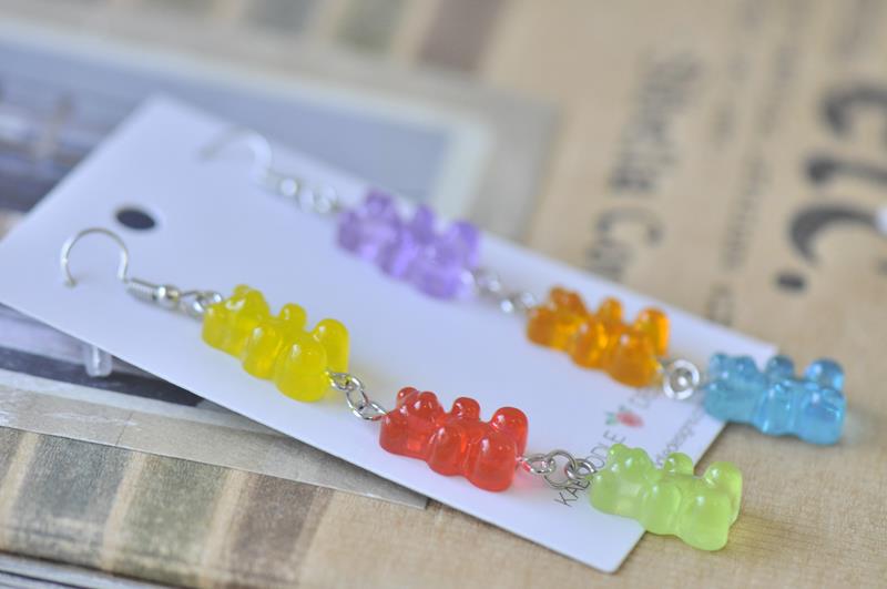 Miniature 3D Candy Lolly 3 Gummy bear Dangle Drop Earrings
