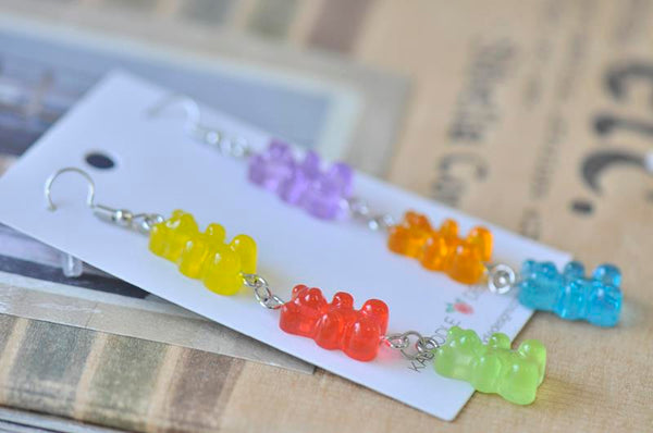 Miniature 3D Candy Lolly 3 Gummy bear Dangle Drop Earrings