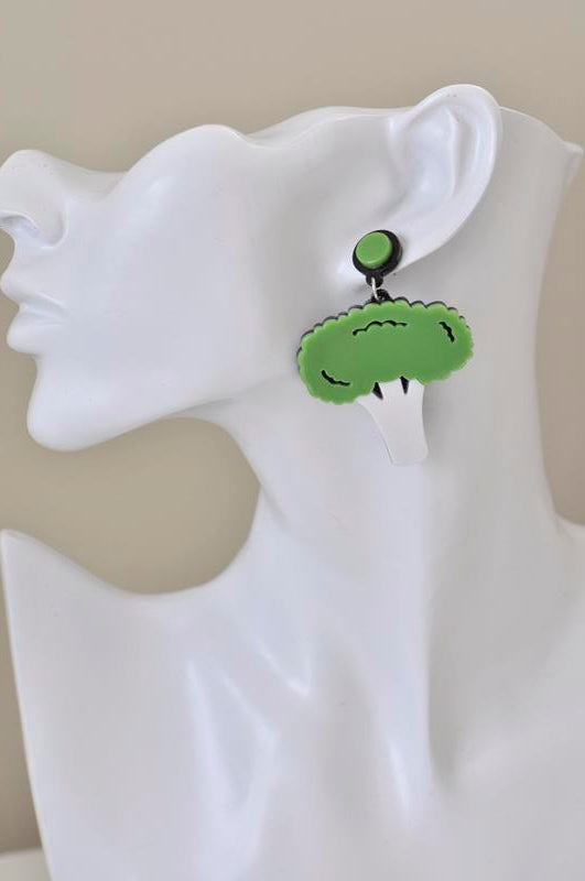 Acrylic Perspex Green Broccoli Vegetable Drop Dangle Earrings