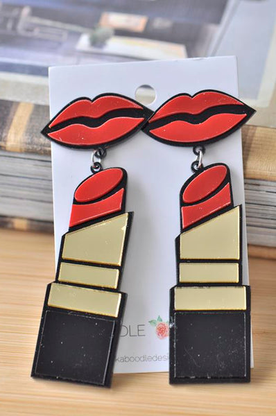Acrylic Perspex Red Lip and Lipstick Drop Dangle Earrings