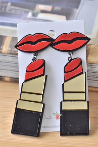 Acrylic Perspex Red Lip and Lipstick Drop Dangle Earrings