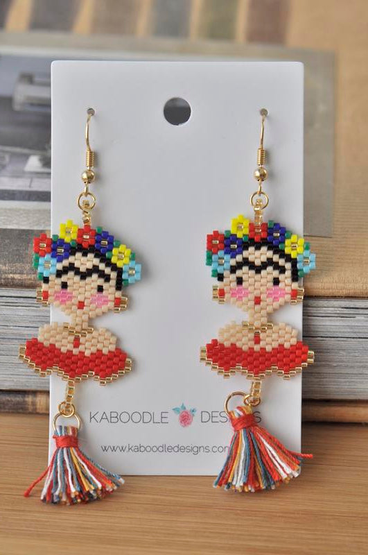 Frida Kahlo Seed Bead Drop Dangle Earrings - Red
