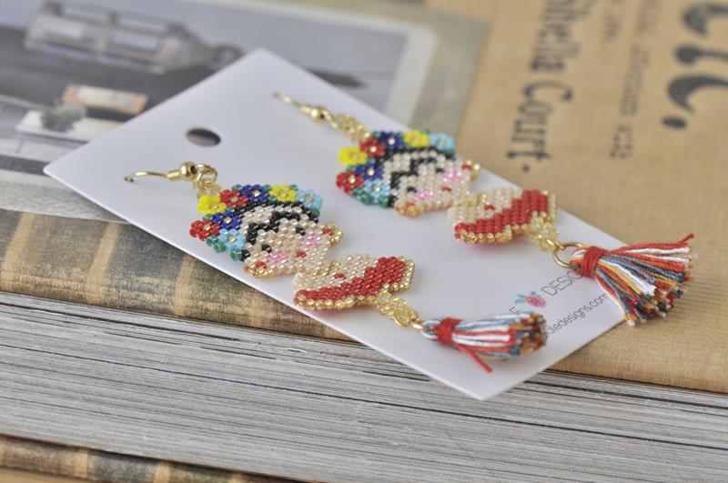 Frida Kahlo Seed Bead Drop Dangle Earrings - Red
