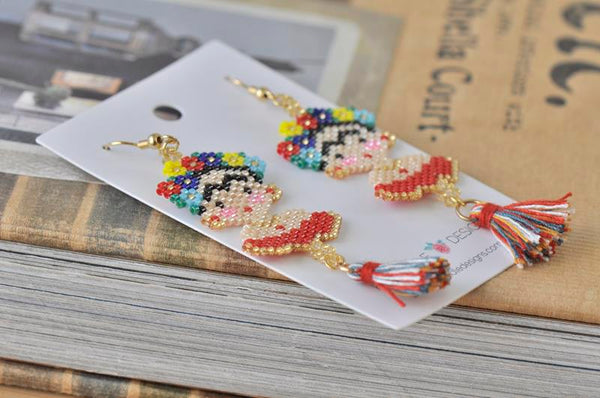 Frida Kahlo Seed Bead Drop Dangle Earrings - Red