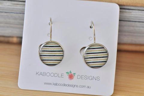 Handmade Round Black White Gold Stripes Dangle Earrings - CDE422
