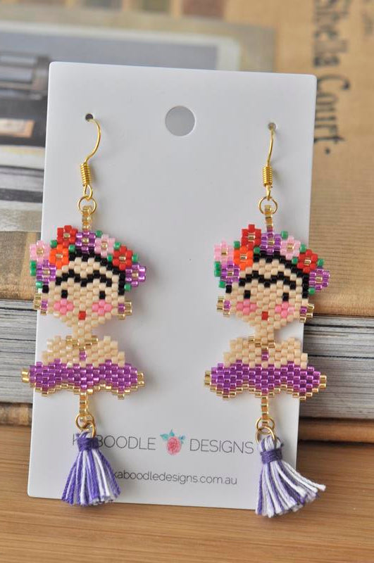 Frida Kahlo Seed Bead Drop Dangle Earrings - Purple