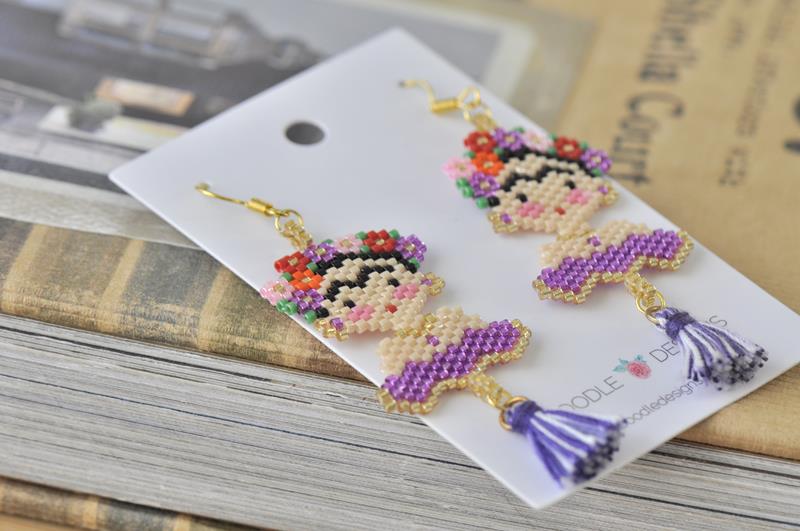 Frida Kahlo Seed Bead Drop Dangle Earrings - Purple