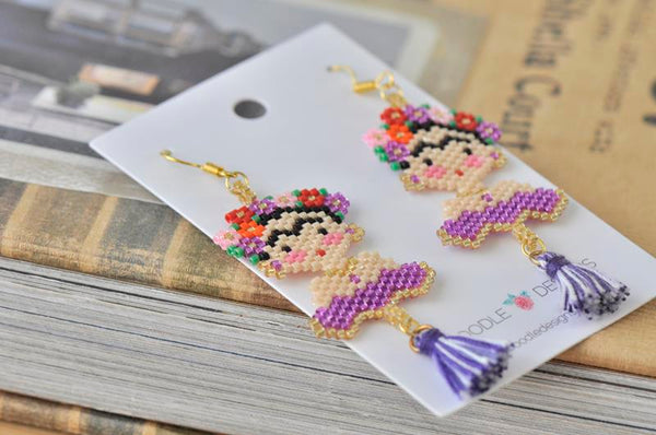 Frida Kahlo Seed Bead Drop Dangle Earrings - Purple