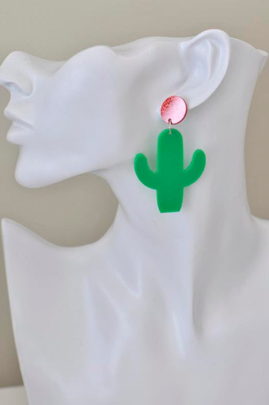 Acrylic Perspex Laser Cut Green Cactus Drop Earrings