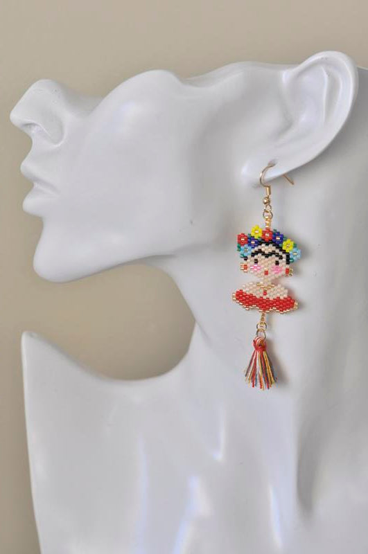 Frida Kahlo Seed Bead Drop Dangle Earrings - Red