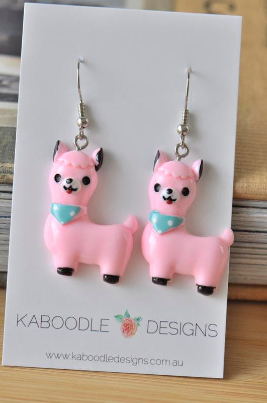 Llama Alpaca Resin Novelty Fun Drop Dangle Earrings - Pink