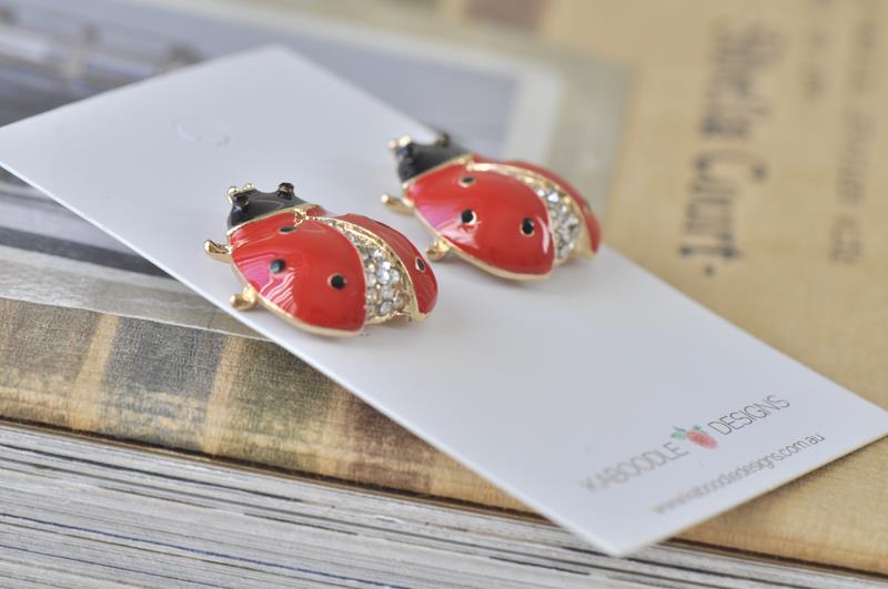Ladybird Ladybug Beetle Enamel Rhinestone Stud Earrings