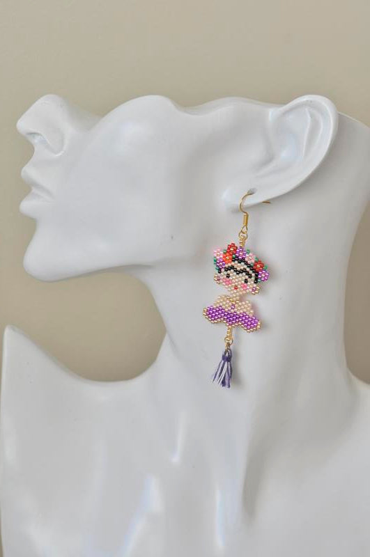 Frida Kahlo Seed Bead Drop Dangle Earrings - Purple