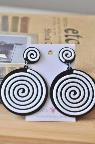 Acrylic Perspex Black and White Round Swirl Drop Dangle Earrings