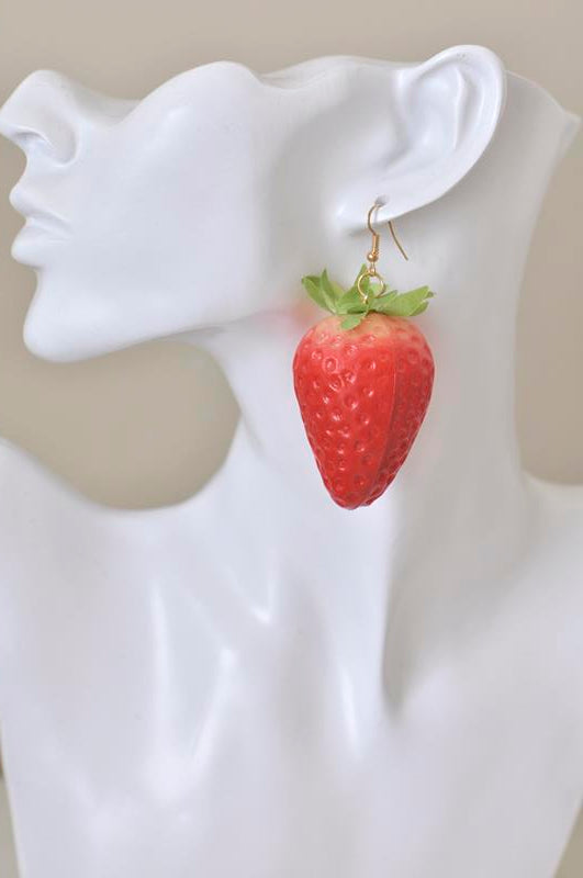 Large 3D Strawberry Dangle Drop Earrings