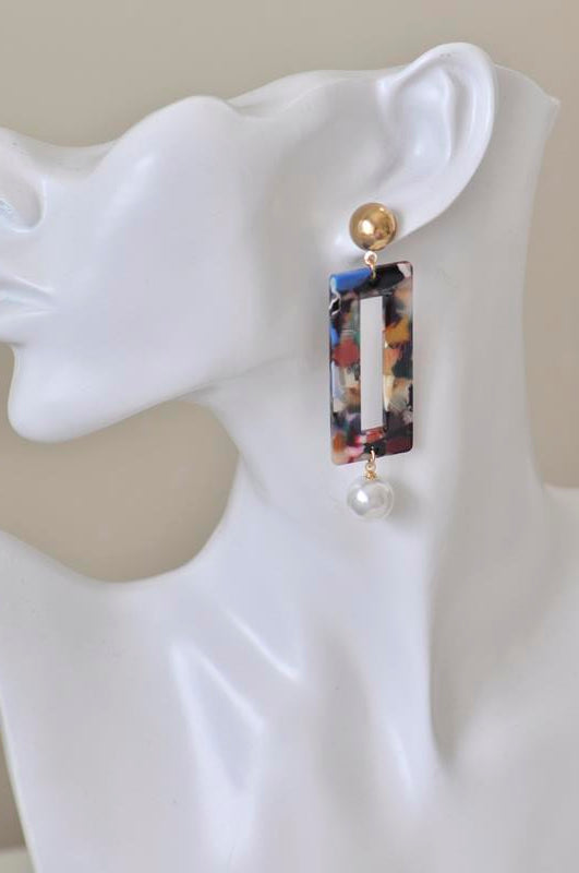 Acrylic Lucite Acetate Rectangular Pearl Bead Stud Drop Dangle Earrings