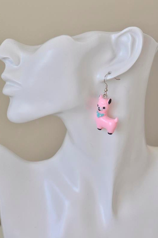 Llama Alpaca Resin Novelty Fun Drop Dangle Earrings - Pink