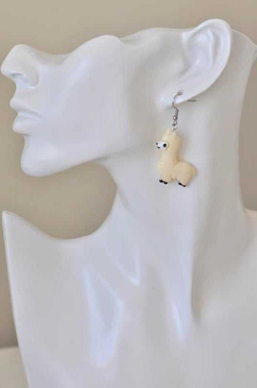 Llama Alpaca Resin Novelty Fun Drop Dangle Earrings - Beige
