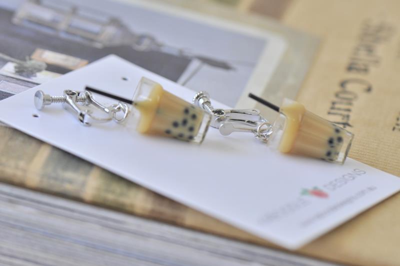 Bubble Tea Pearl Milk Tea Boba Novelty Fun CLIP ON Earrings