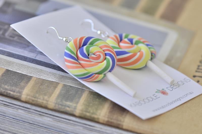 Colourful Clay Swirl Lollipop Candy Novelty Fun Drop Dangle Earrings