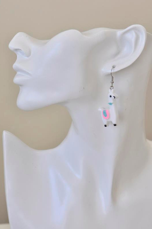 Llama Alpaca Resin Novelty Fun Drop Dangle Earrings - White
