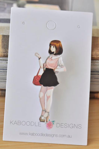 Acrylic Laser Cut Fashionista Trendy Girl with Handbag Pin Brooch