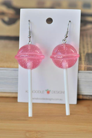 Lollipop Candy Novelty Fun Drop Dangle Earrings - Pink Glitter