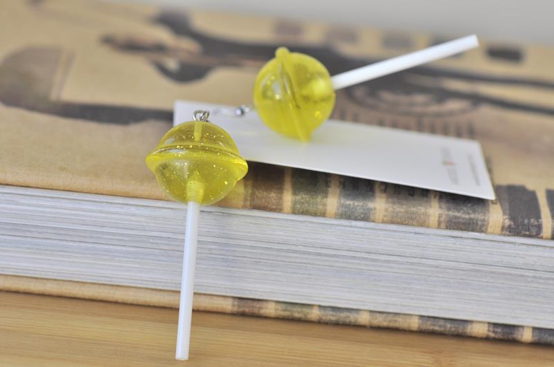 Lollipop Candy Novelty Fun Drop Dangle Earrings - Yellow Glitter