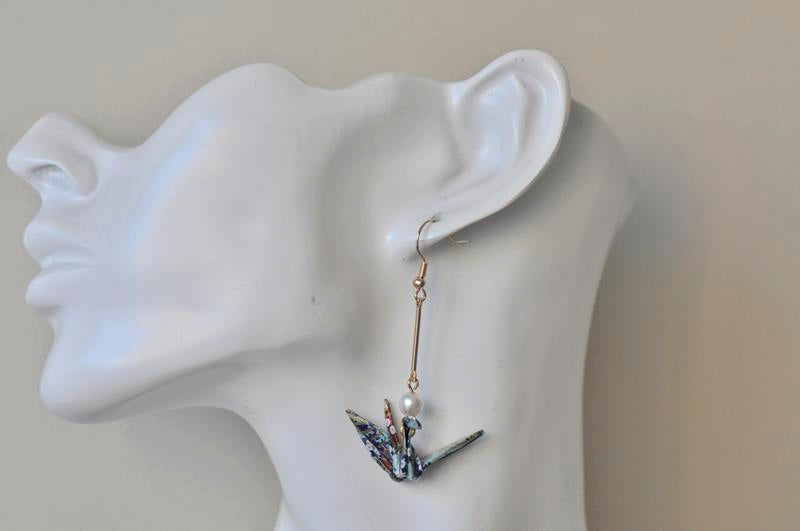 Origami Paper Crane Bird Novelty Fun Drop Dangle Earrings