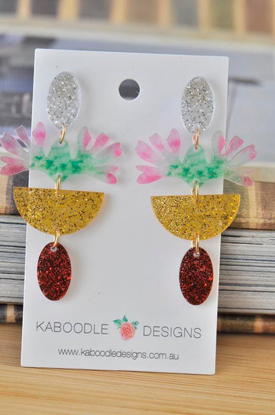 Acrylic Glitter Rainbow Print Flower Drop Dangle Earrings