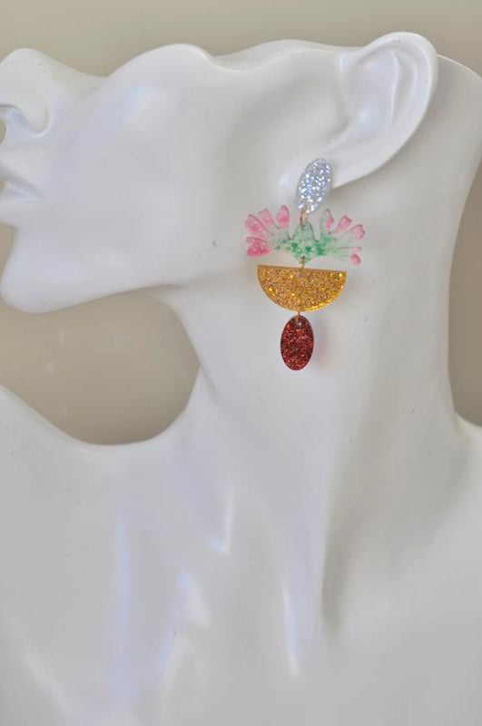 Acrylic Glitter Rainbow Print Flower Drop Dangle Earrings
