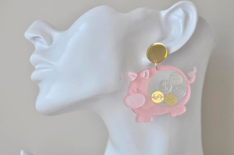 Acrylic Pig Piggy Bank Savings Money Drop Dangle Earrings