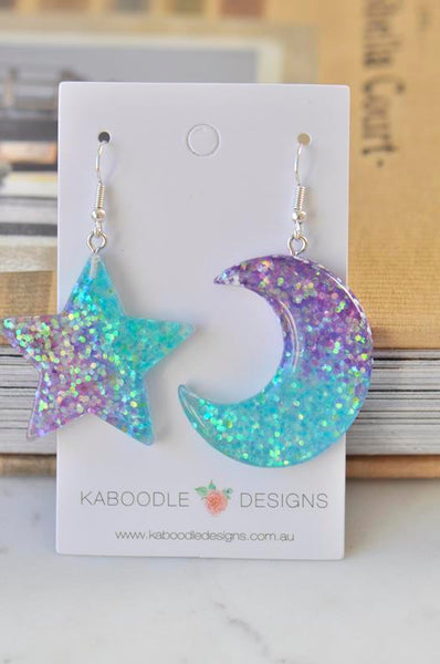 Glitter Star and Moon Dangle Drop Earrings