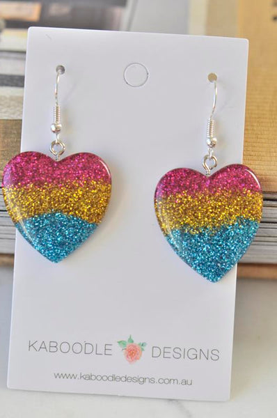Resin Glitter Rainbow Heart Dangle Earrings